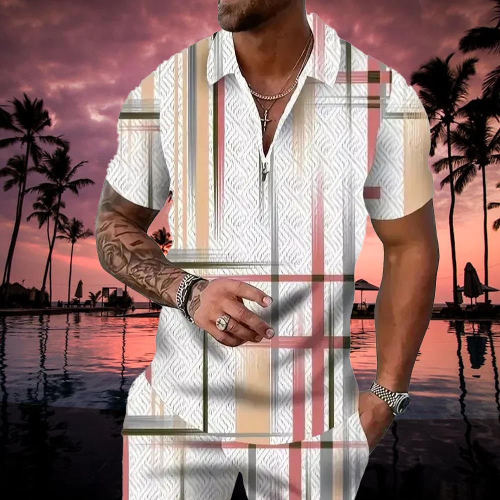 

Zipper POLO Shirt Shorts Set Summer Fashion Casual Men's Sports Set 3D Printed Simple Style Lapel Zipper POLO Shirt 2 Sets