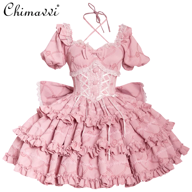 

Op Sweet Princess Bow Training Dress Original 2024 Autumn Clothes Girl Women's Lolita Puff Sleeve Slim Pettiskirt Party Dresses