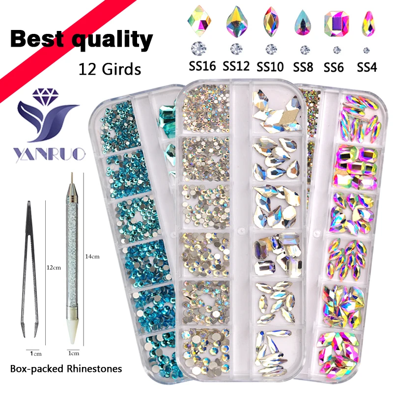 12Girds Box Rhinestones With Tool Multi Size A/BColorful Non Hotfix Flatback Glitter Accessories Nail Art Luxurious Decoration