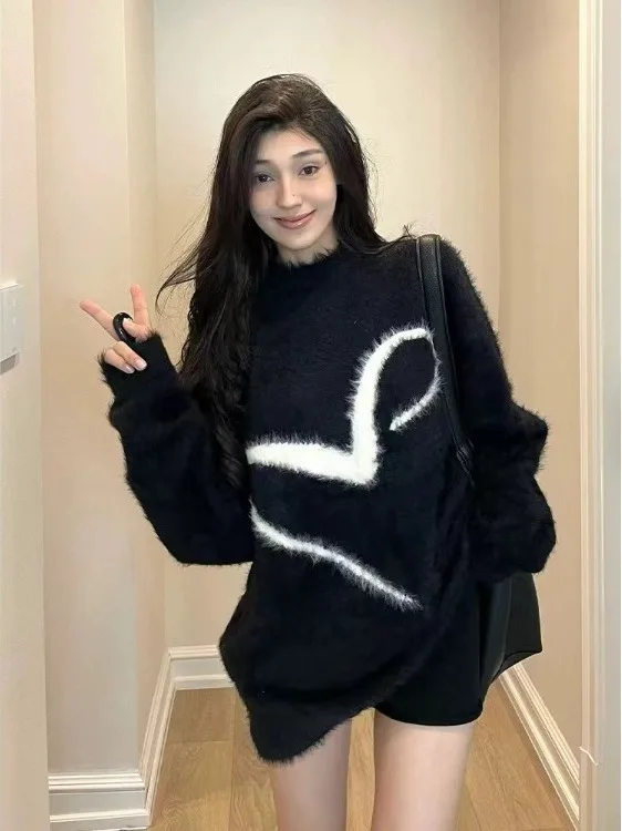 

Loose Bla Knitted Sweater Casual Sle round Ne Overhead Medium Length Single Wear for Women Autumn Winter Faion Trend