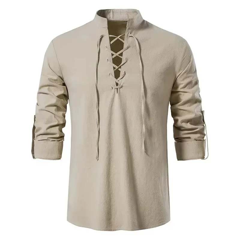 Men Cotton Linen Long Sleeve T Shirt Loose Fit Henley Collar Up Summer Casual Top