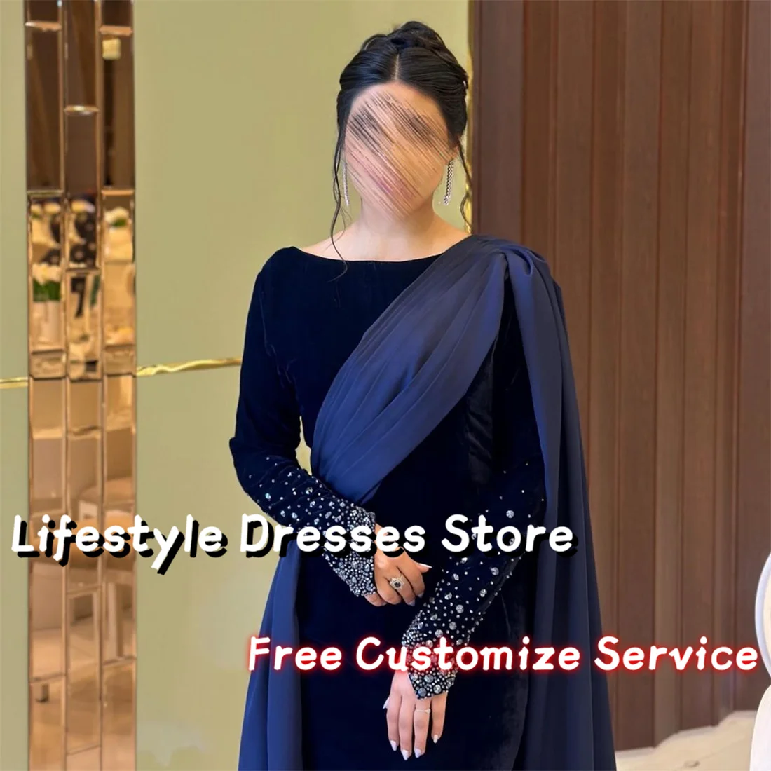 Customized Navy Blue Beads Long Sleeves Evening Dresses With Cape Mermaid Saudi Arabia Prom Gown Wedding Party Dress فساتين سهرة