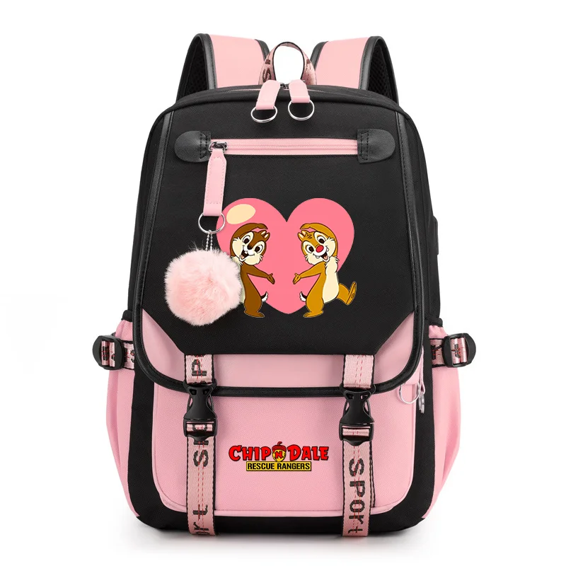 Disney Chip n Dale School Bags For Teenage Girls USB Charging Laptop Backpack Student Book Bag Travel Rucksack Mochila