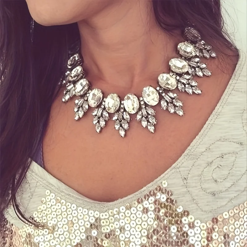 Vedawas 3pcs/set Geometric Rhinestones Necklace earring set,Shiny luxurious wedding party women accessories set