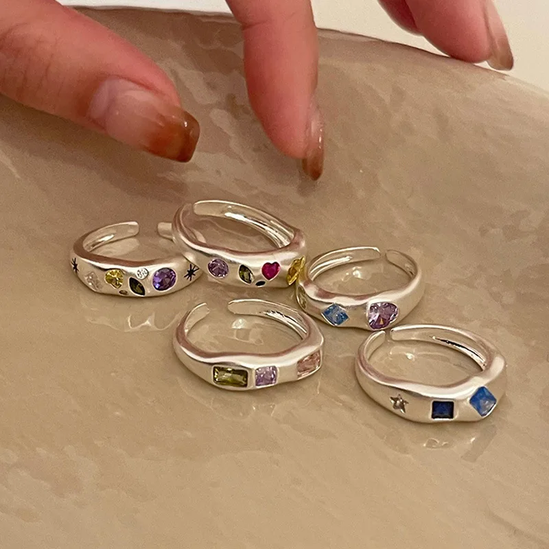Natural Stone Colorful Zircon Ring Irregular Geometric Heart Opal Jewelry for Women Girls Y2K Finger Ring Wedding Party Gift