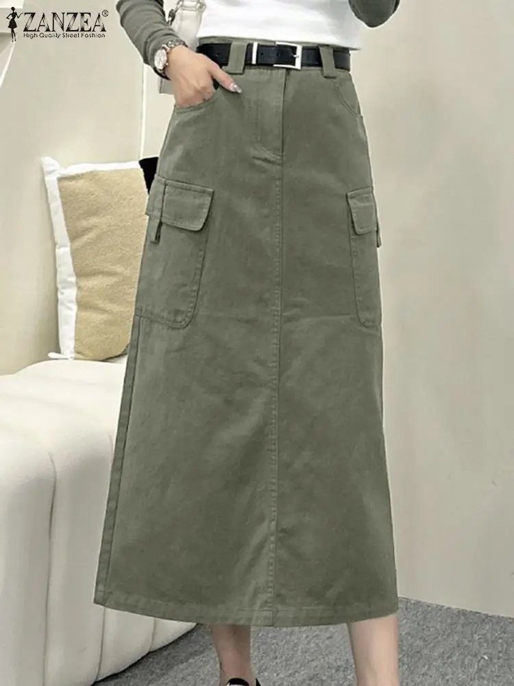 

2024 ZANZEA Fashion Cargo Skirts Woman Vintage Solid Skirt Oversized Elegant Button Down Front Dress Casual OL Office Robe Jupe