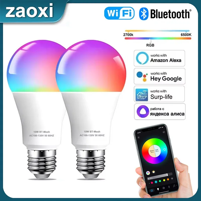 

ZAOXI 10 Вт умный Wi-Fi Bluetooth пульт дистанционного управления RGB лампочки Google Assistant Amazon Alexa домашняя светодиодная лампа с регулируемой яркостью 2700K ~ 6500K