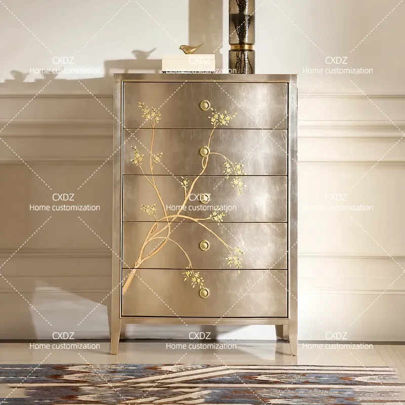 Solid Wood Hand Painted Chest of Drawers Silver Foil Decorative Cabinet High End Bedroom Storage Locker