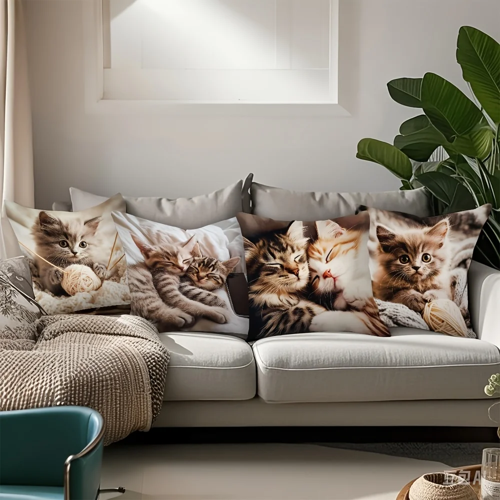 Cute Kittens Playing with Yarn Throw Pillow Covers Set - Adorable Cat Nap Scene for Nursery or Living Room Decor