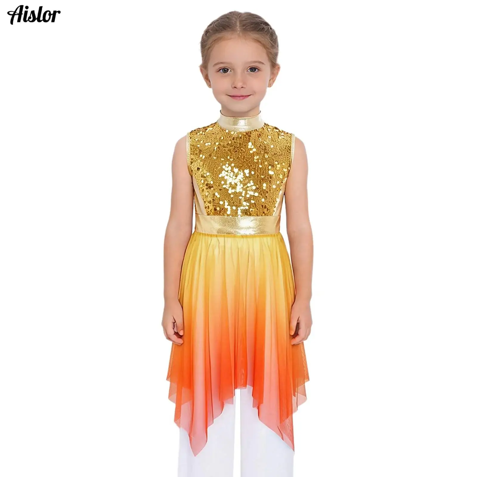 Girls Liturgical Worship Praise Dance Tunic Dresses Lyrical Contemporary Dancewear Sleeveless Sequins Bodice  Asymmetrical Dress