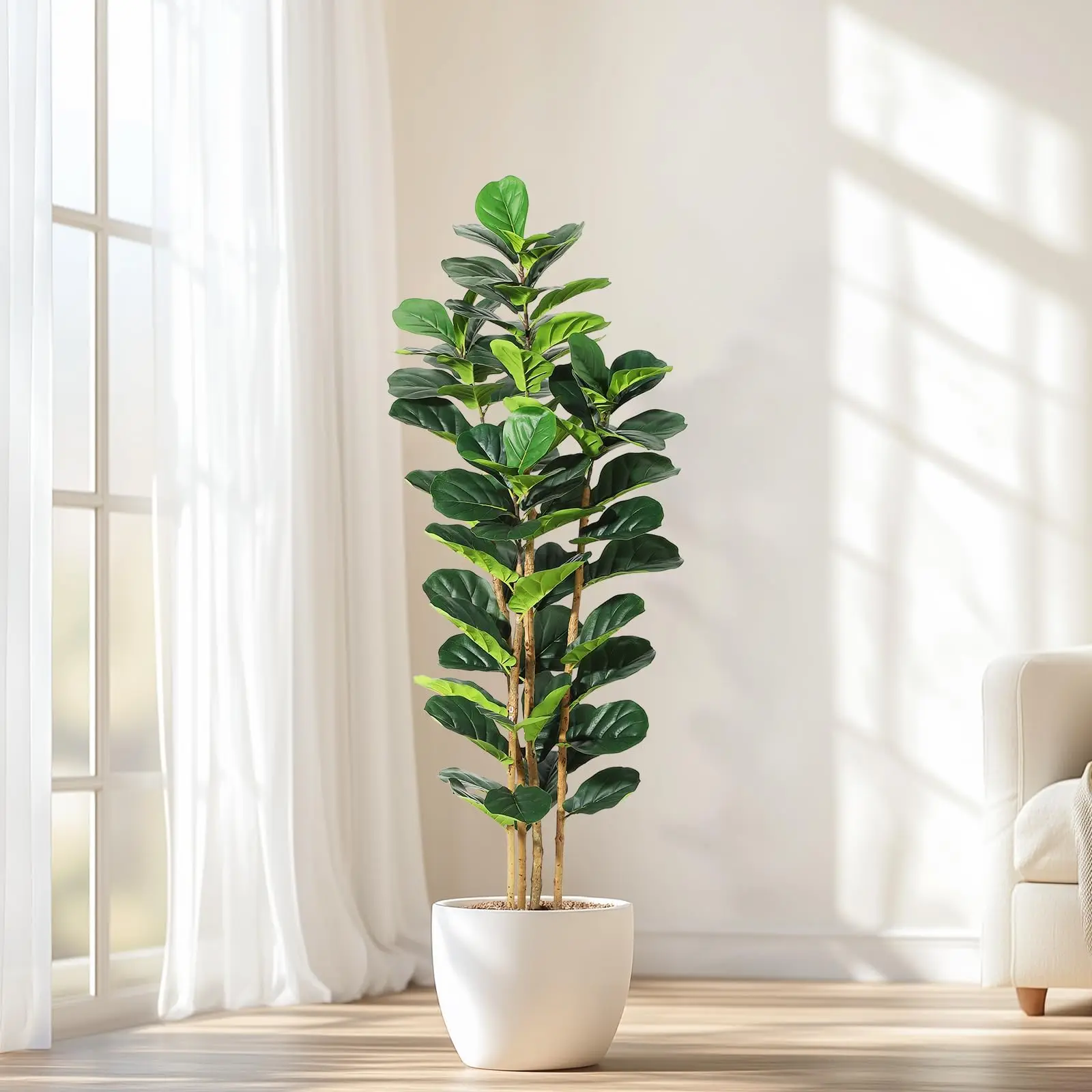 Albero di fico artificiale realistico, grande fico finto con tronco in legno naturale e muschio, pianta decorativa per interni, ideale per casa, ufficio o soggiorno, fornito con vaso bianco.