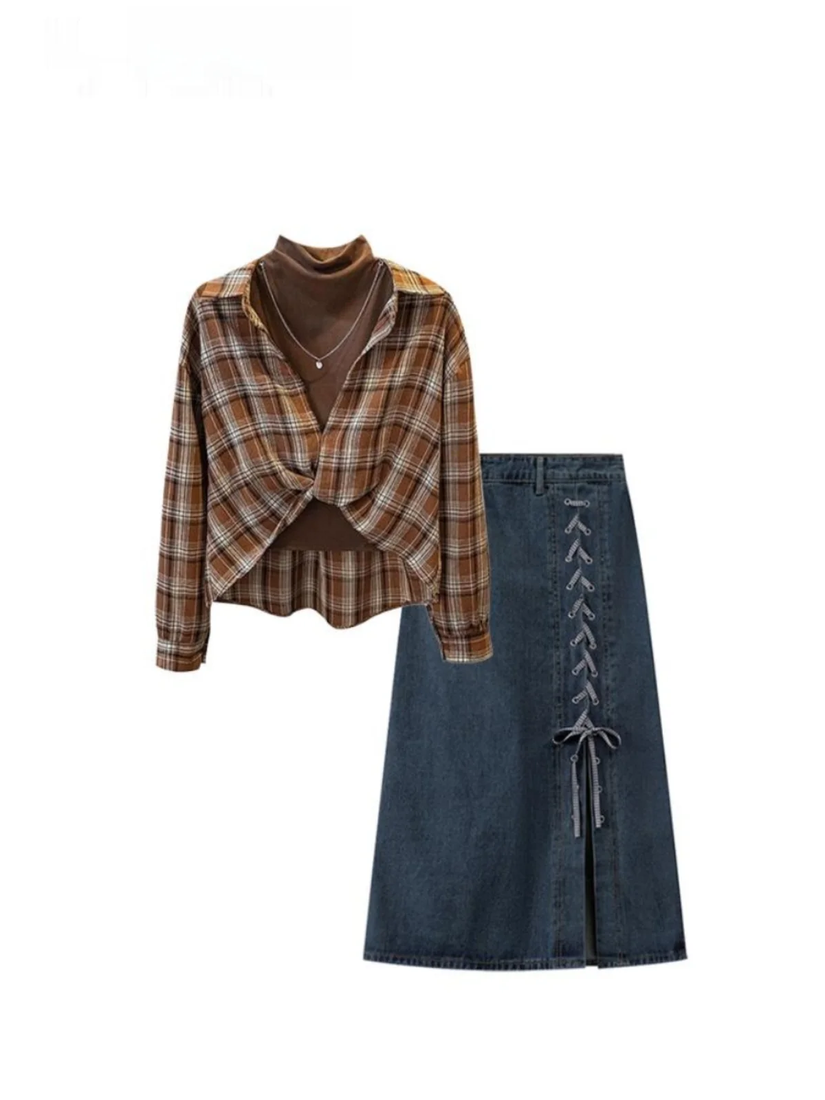 

Faionable plus Size Women's Spring Outfit Long Sve Knit Top And Denim Skirt Two Piece Set Korean Sle Loose Fit