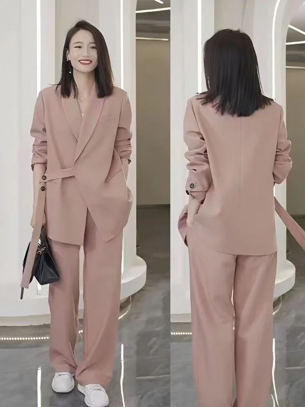 plus Size Suit Set Casual Commute Style High Waist Wide Leg Pants V-Neck Long Sleeve Fashionable Two-Piece Set for plus Size ...