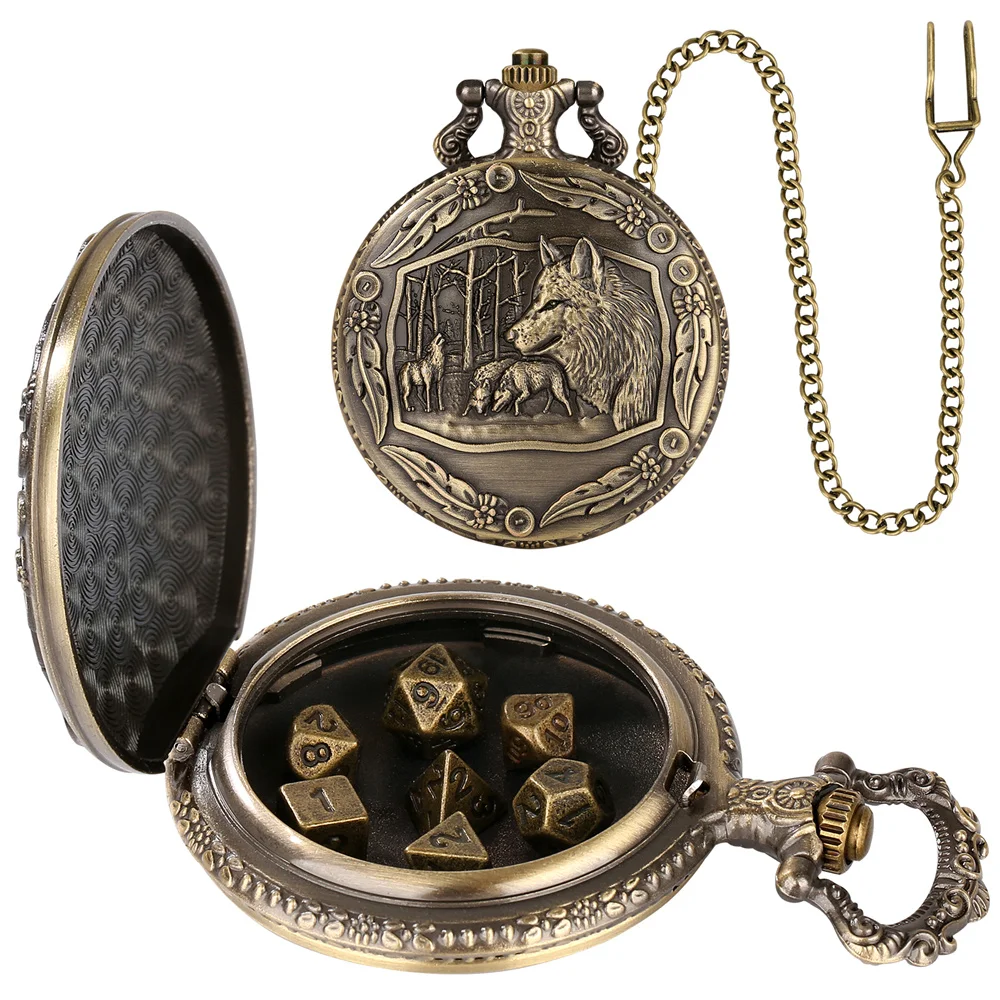 Bronze Wild Wolf Watch Case with Dices Charm Vintage Small Entertainment Dice Set Birthday Gift