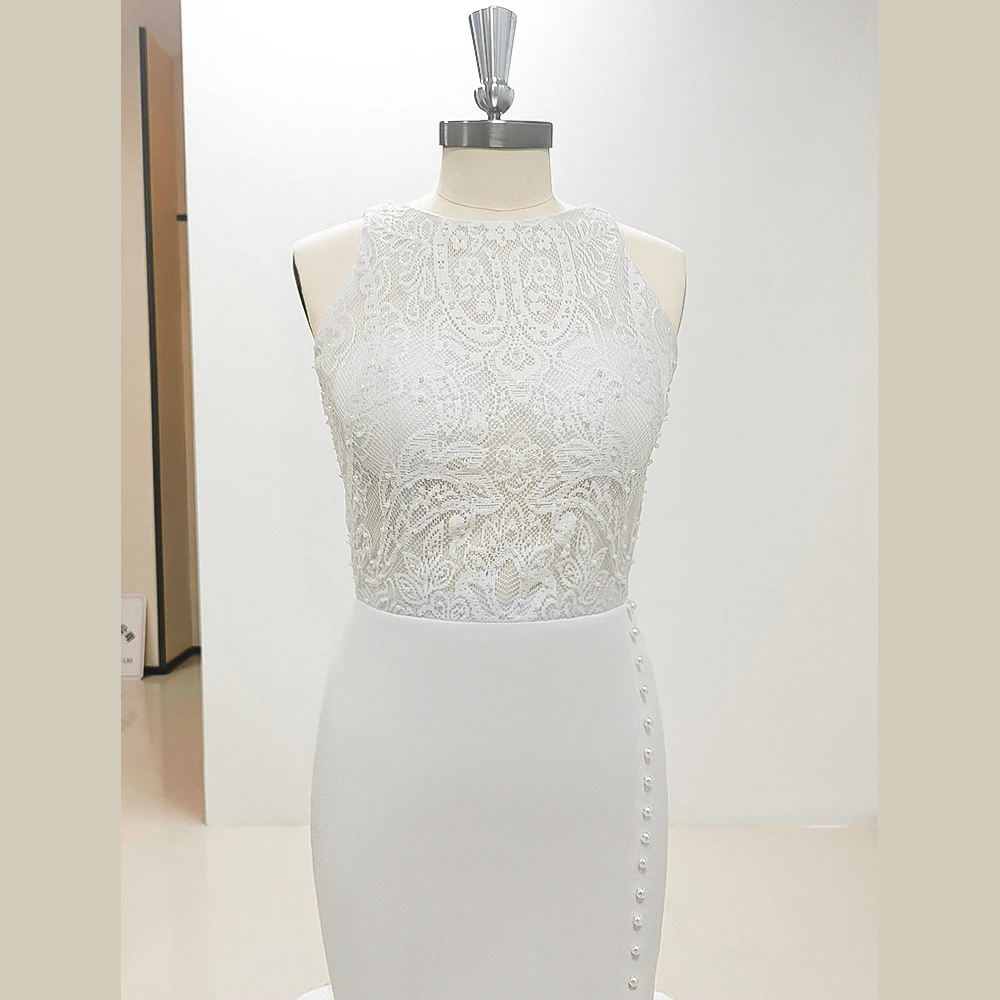 STEVDITG-Robes de mariée en dentelle blanche pour femmes, appliques à la mode, col rond, fibrMermaid, robes de mariée élégantes avec train de balayage