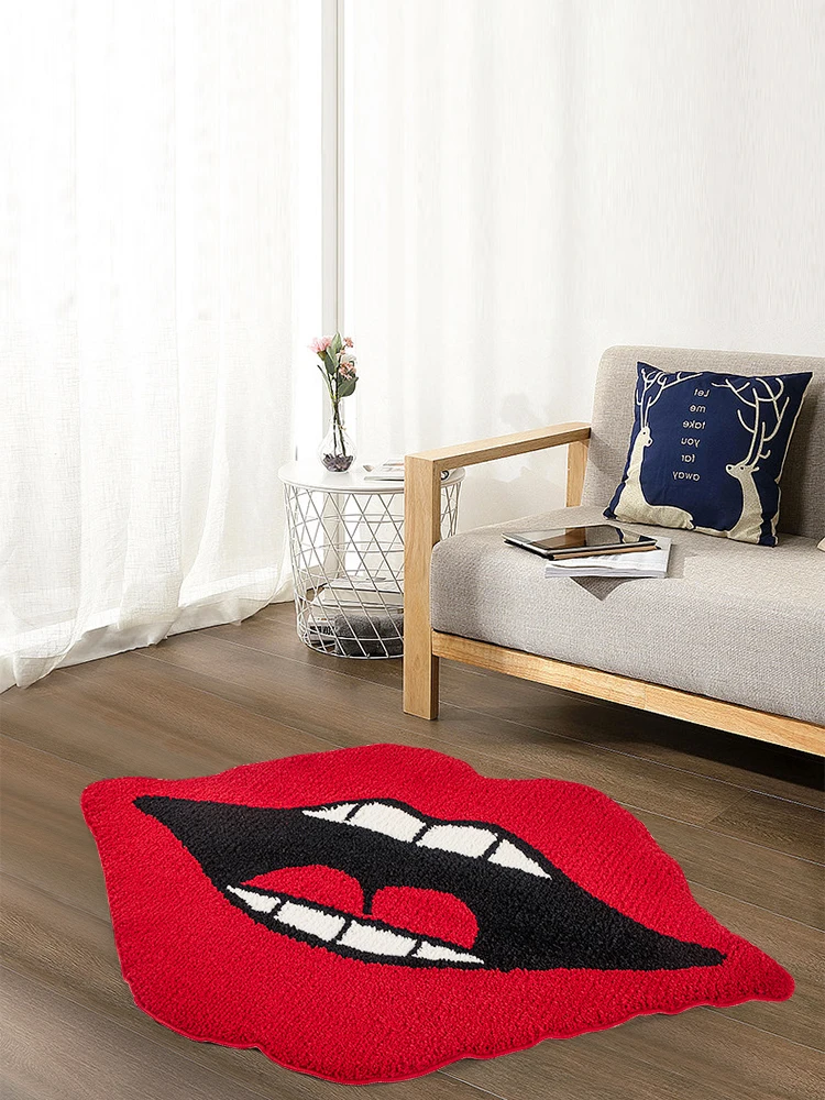 Funny Red Lip Tufted Rug for Bathroom Living Room Aesthetics Soft Bath Mat Lips Shaped Fluffy Area Rug Home Decor Nonslip