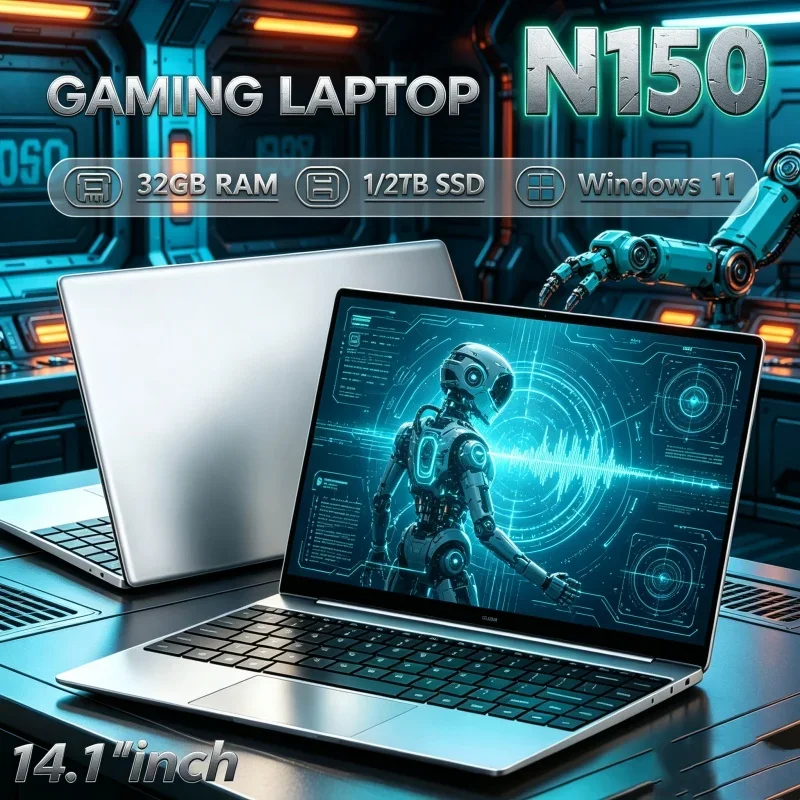 Intel N150 14.1" Upgradeable Gaming Laptop Windows 11 32GB RAM 1/2TB M.2 SSD Laptops 4K HD Desktop Office Study Notebook