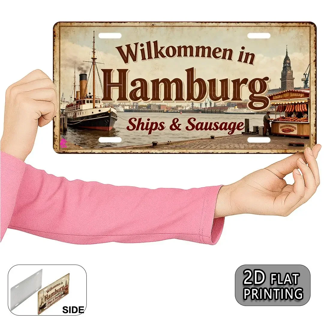 2D Flat, Flat 2D Print, 1pc, Vintage Hamburg Aluminum Metal License Plate, Decorative Sign (12.0x6.0inch), for Decoration Onl
