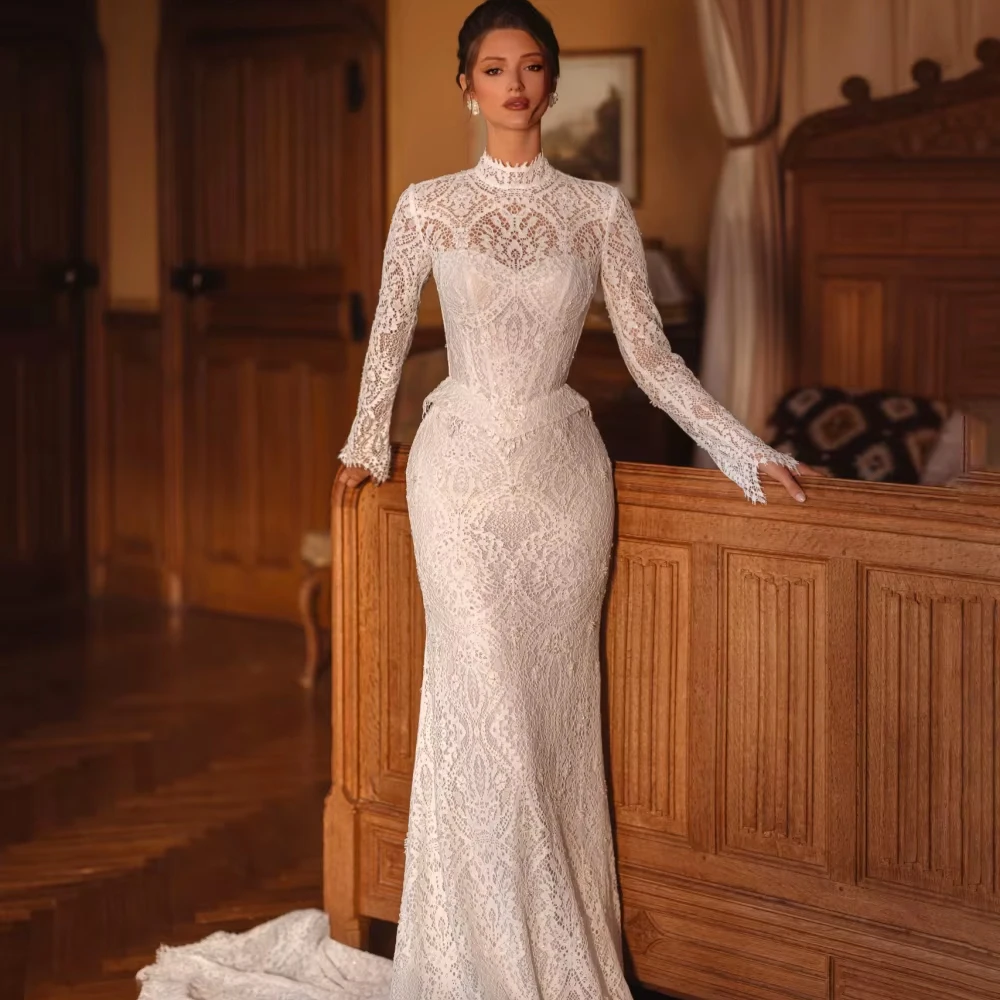 Customized New Arrival Beaded Lace Long Wedding Dress For Woman Bride Modest High Collar Graceful Mermaid Bridal Gown