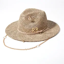 2024 New European and American Style Pin Design Straw Hat Female Hollow Letter Sun Hat Fashion Metal Chain Sunshade Hat