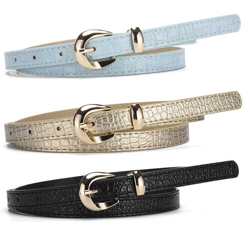 Blue Pu Leather Thin Belt Women's Fashionable Casual Jeans Dress Accessories Belt Simple Design Gold Pin Buckle Waistband
