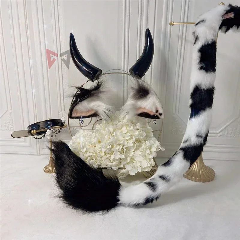 MMGG New Dairy Cow Ox Ears Horns Hairhoop Beast Fox Style Headwear Tail Necklace Of Carnaval Cosplay Costume Accessories