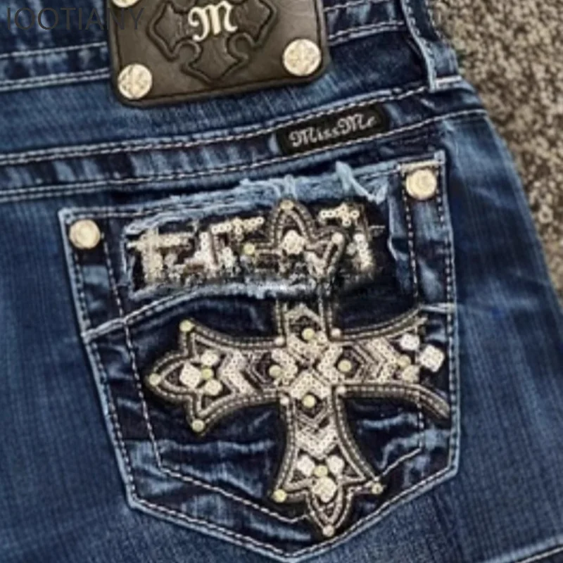 Mini Shorts Womens Harajuku Vintage Cross Graphic Pockets Embroidery Low Waist Shorts Gothic Sexy Hot Girl Hip Denim Shorts 2026