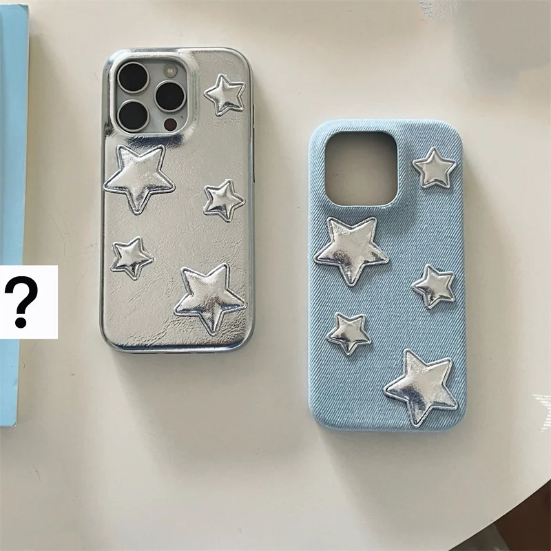 

Fashion Silver Star Leather Phone Case For iPhone 17 Pro 15 14 Pro 16 Pro Max Back Cover Korean Protective Cases For Apple 16 Pr