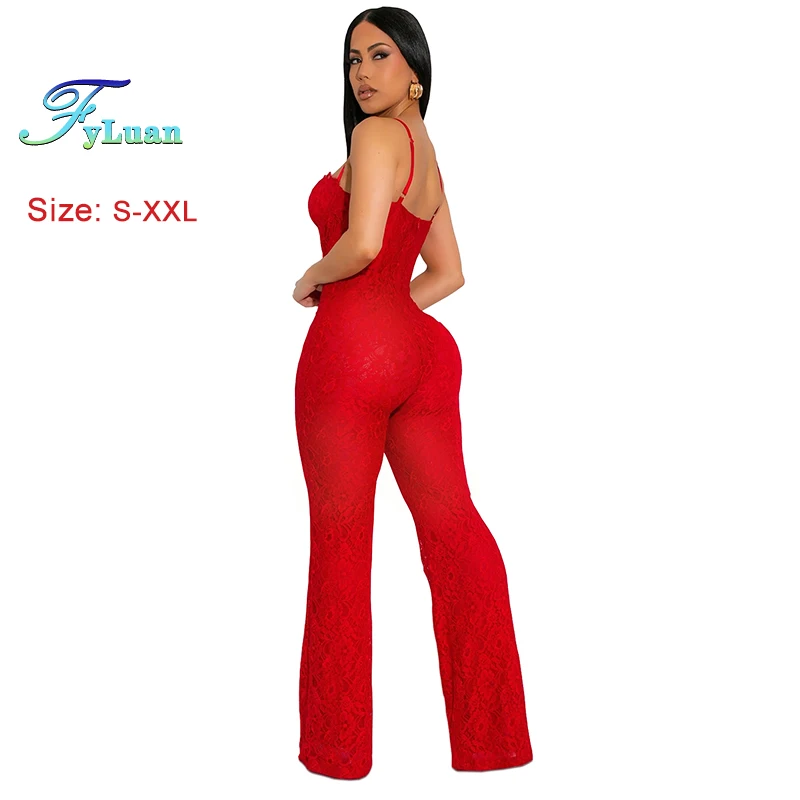 新しいシックな女性のレースノースリーブサスペンダーワイドレッグパンツ無地シアーメッシュセクシーなフォーマルな機会宴会レディースロンパースパンツ