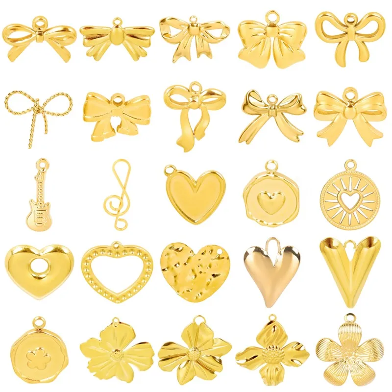 6pcs DIY Girl Pendant Bow Love Heart Charms For Jewelry Making Earrings Bracelet Stainless Steel Flower Charm Handmade Materials