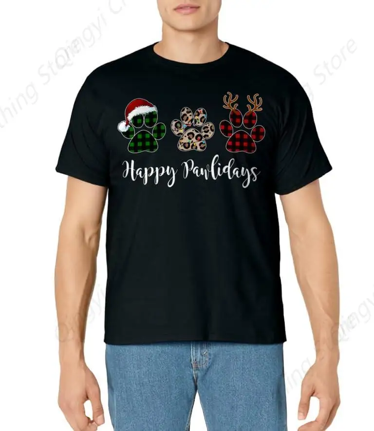 Happy Pawlidays Dog Paws Buffalo Plaid Leopard Christmas T-Shirt
