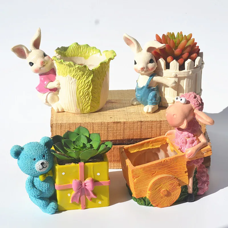 

Creative cute cartoon animals, bunnies, bears, succulent flower pots, tabletop balcony, resin potted plant ornaments