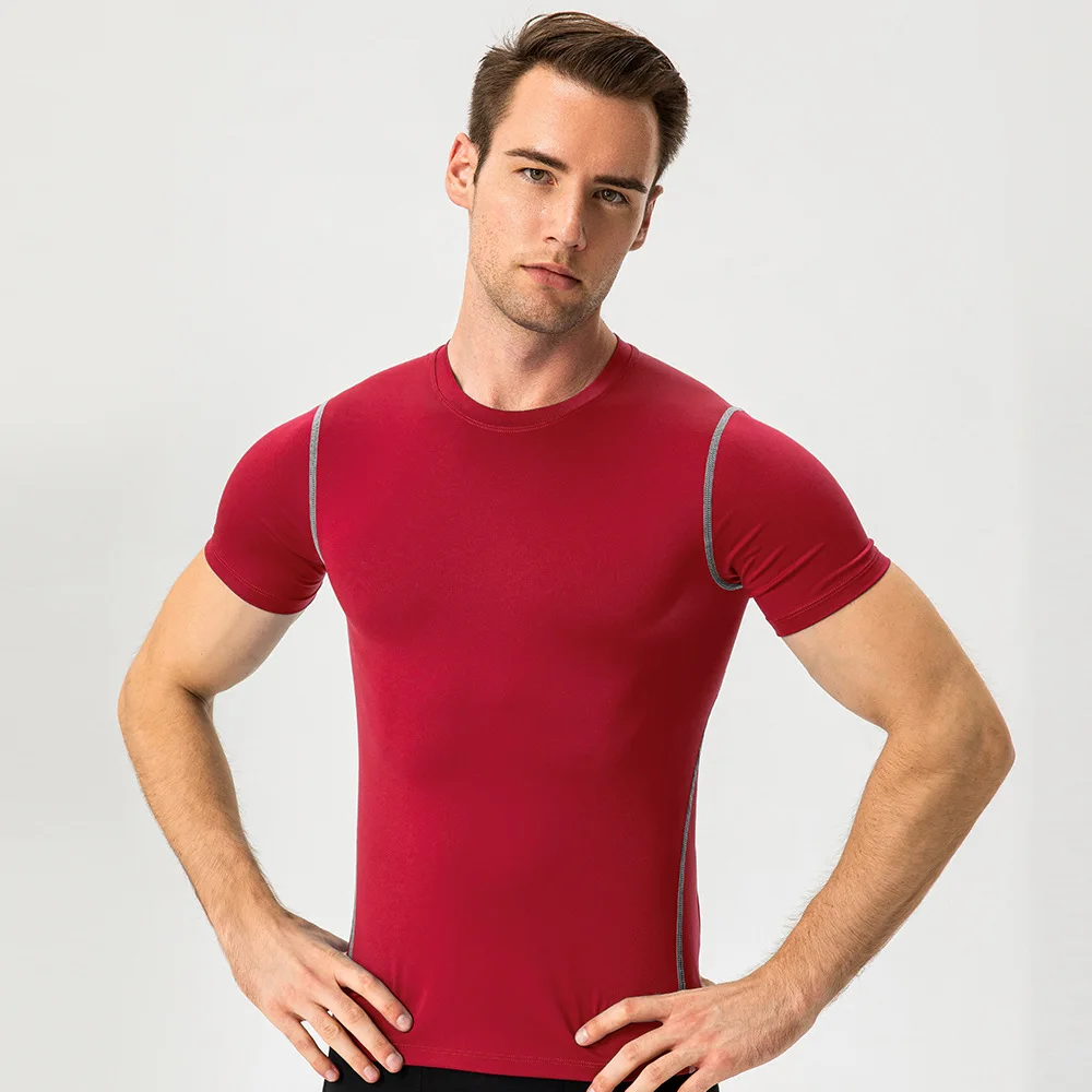 Solid Color Men's Gym Sports Short Sleeve T-shirt Tights Fitness Wear Comprehensive Training Jogging Quick-drying And Breathable