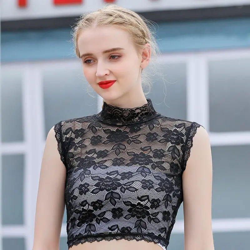 Lace Crop Top เสื้อผ้าผู้หญิง Street แฟชั่นเซ็กซี่อเนกประสงค์ Y2k Top เสื้อผ้าผู้หญิงสบายๆ Stand Collar Tank Top ผู้หญิง