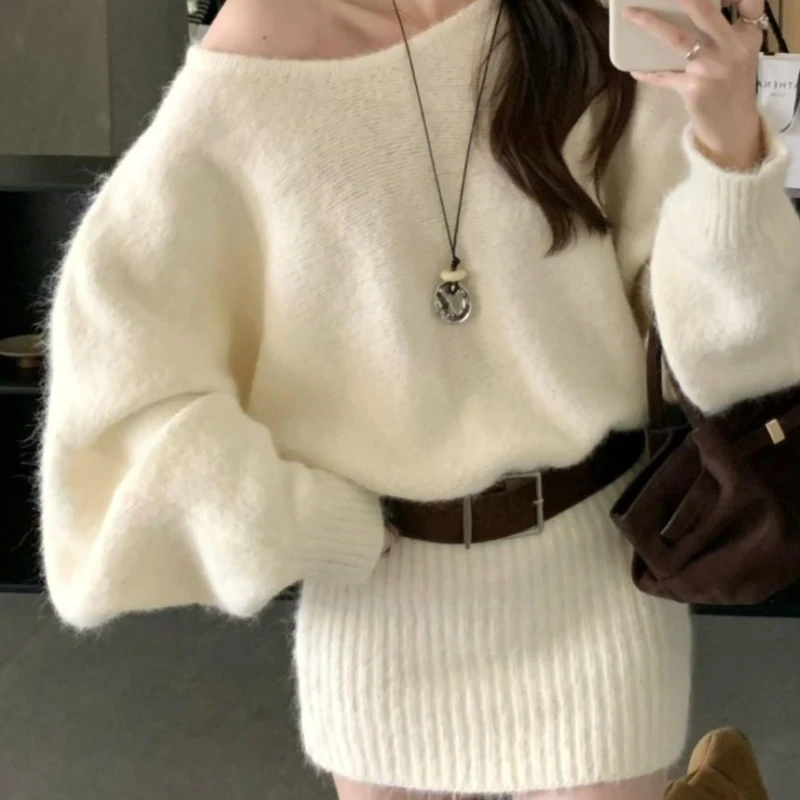 

2025 Spring and Autumn French Off-the-shoulder Lazy Wind Women's Sweater Dress