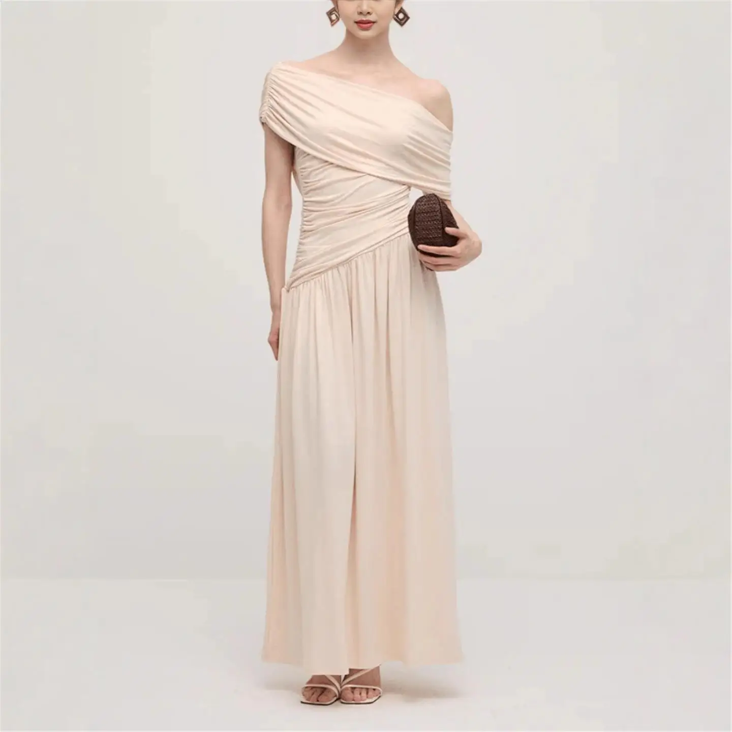 Jupe longue de soirée plissée, col incliné, Sexy, coupe cintrée, couleur Pure, taille haute, ligne a, t-shirt en Fiber d'acétate