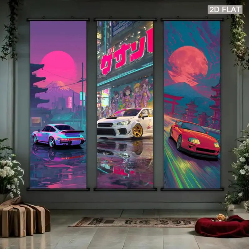 VIKAMA Cyberpunk JDM Car Wall Tapestry Neon City Mount Fuji Anime Scroll Art Home Decor Cute Kawaii Soft Durable Cozy Aesthetic
