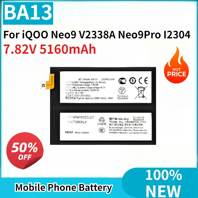 

100% New 0 Cycle BA13 Replaceable Battery 7.82V 5160mAh for IQOO Neo9 V2338A Neo9Pro I2304 Mobile Phone Battery