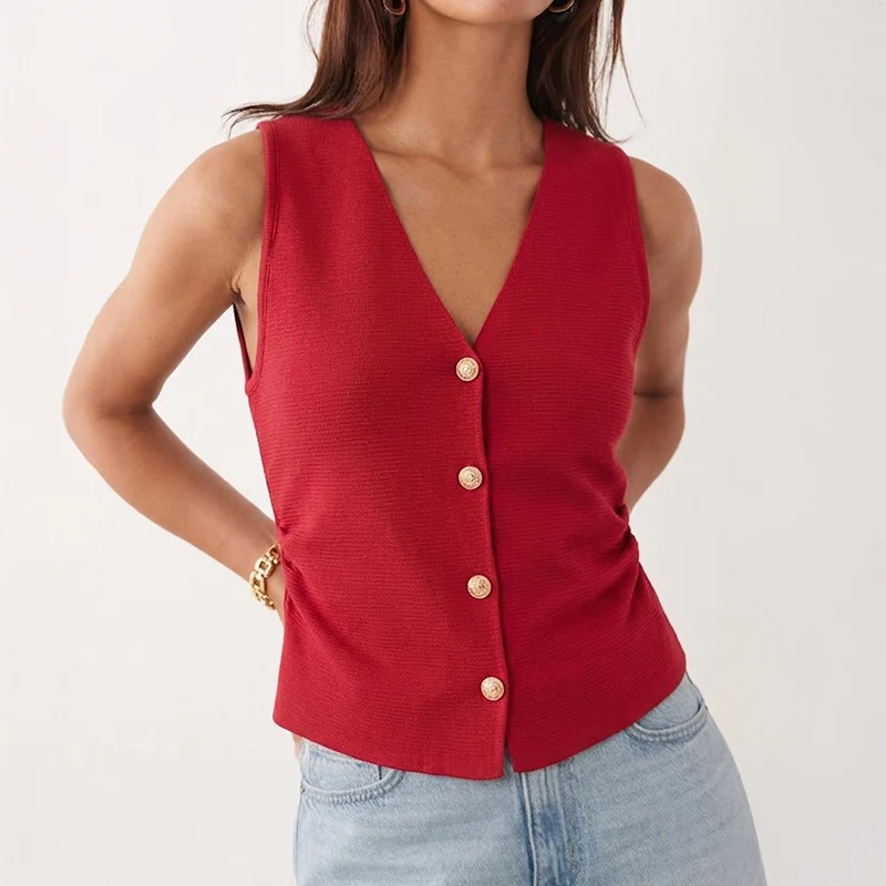 

Gold Button Knit Vest for Women V-Neck Ruched Waist Sleeveless Sweater Vest Waistcoat Top Lady Office Chic Elegant Fashion