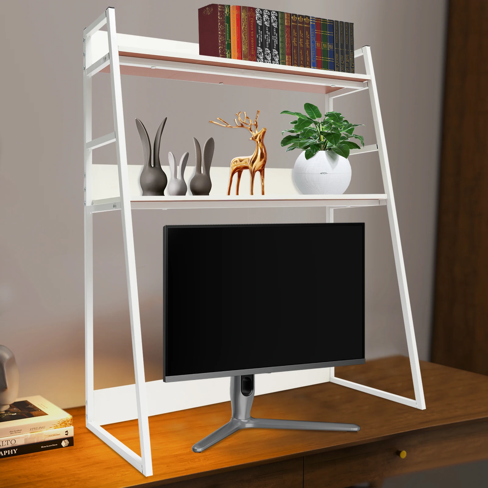 White MDF Wrought Iron 75x32x90cm Trapezoidal Desktop Bookshelf Double-layer Large-capacity Storage Desktop Shelf