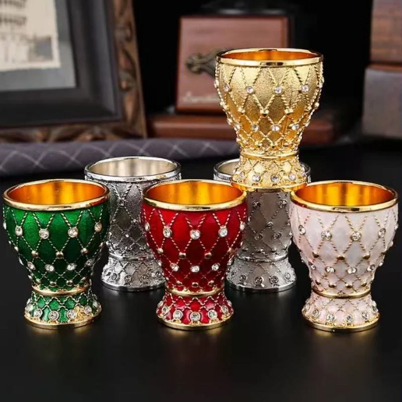 

Mini Strong liquor Glass,Carved Spirit Vodka Cup,Inlaid Gem Vintage Alloy Portable White Wine Cup,Wedding Desktop Decoration