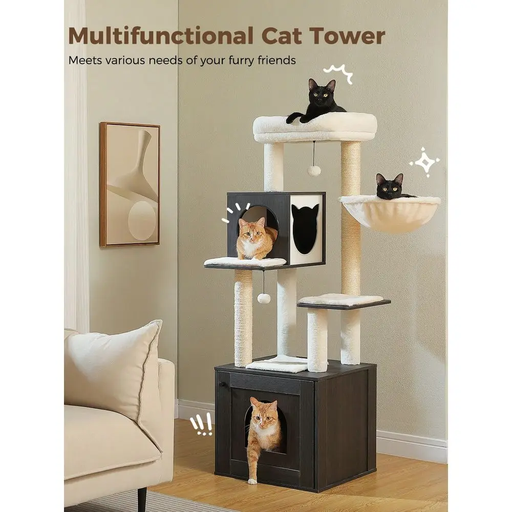 

57.5 Cat Tree With Litter Box Enclosure Large, Wood Cat Tower For Indoor Cats With Storage Cabinet And Cozy Cat Condo, Sisal Co