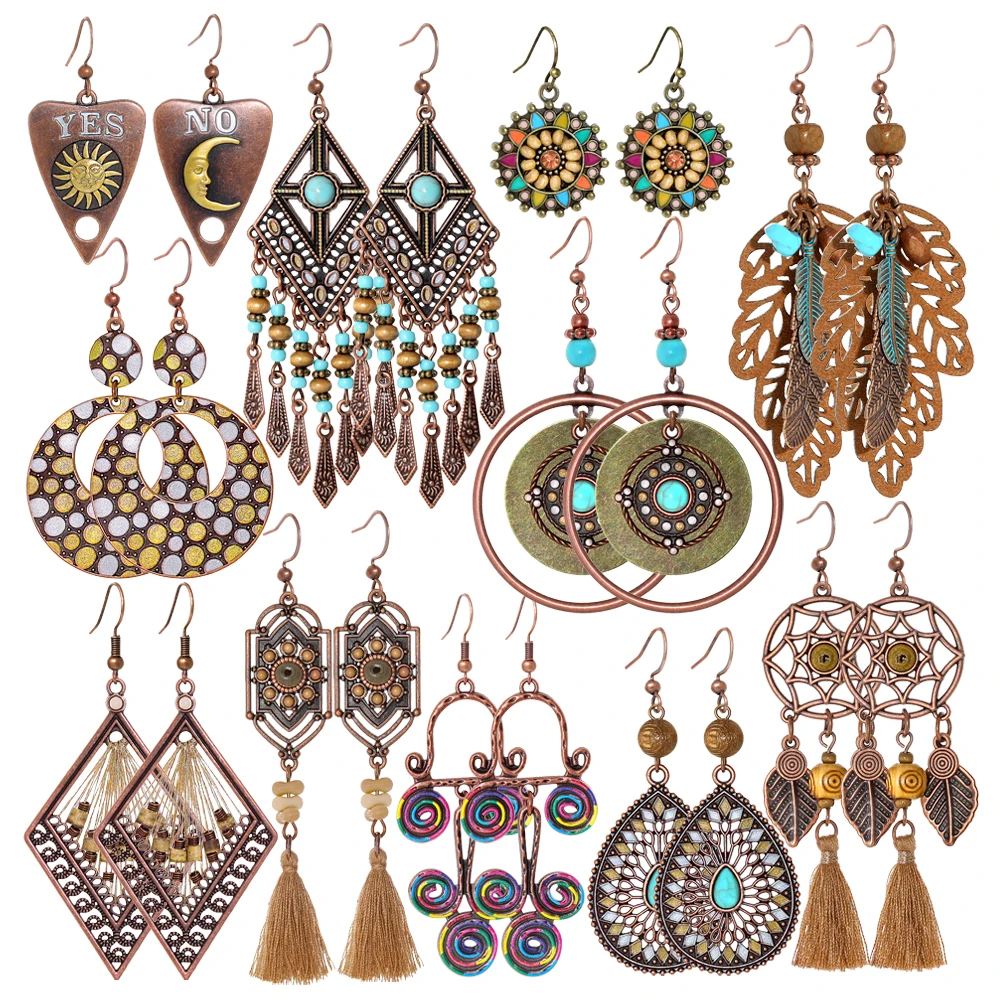 

Висячие серьги в стиле бохо с кисточками для женщин, эффектные геометрические серьги коричневого цвета с бирюзой, повседневная одежда, декор для вечеринок, универсальный