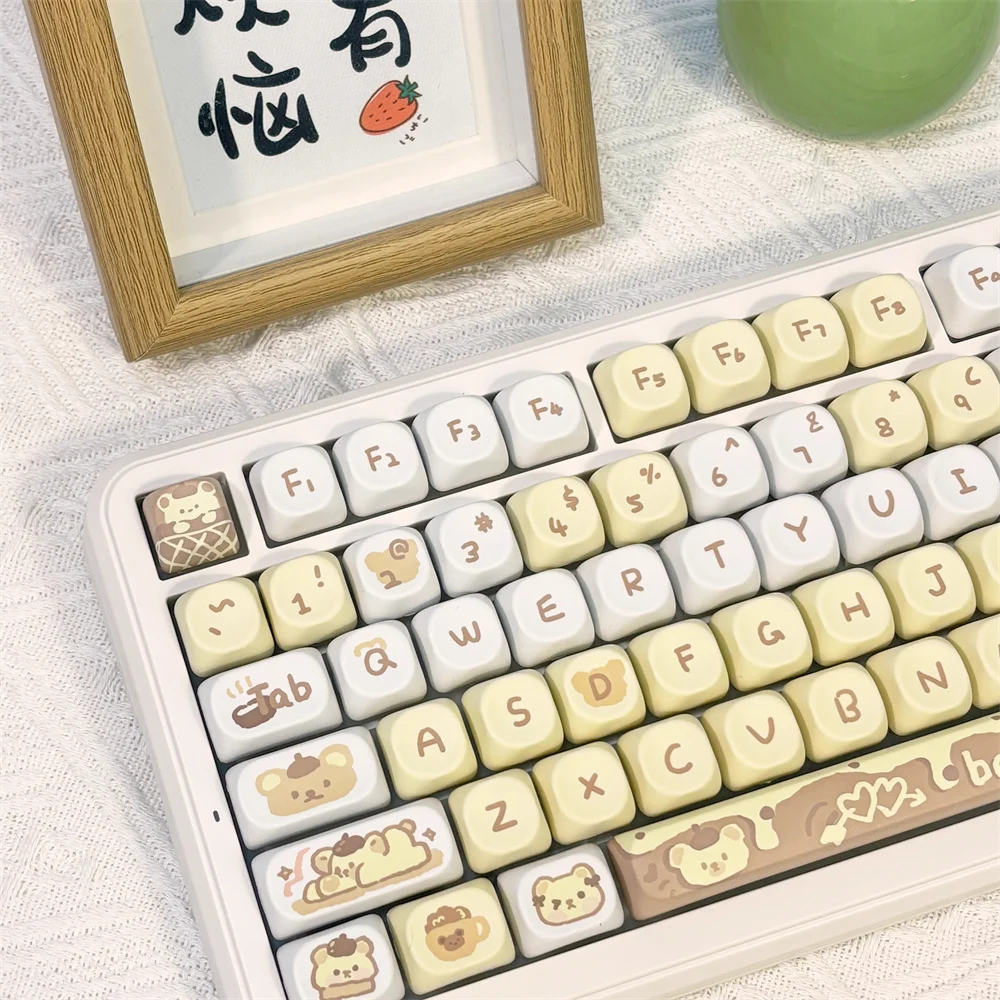 95/132Keys MOA Profile Pudding Bear Theme Keycap Cute Yellow White Key Cap PBT Sublimation for Custom Mechanical Keyboard Keycap