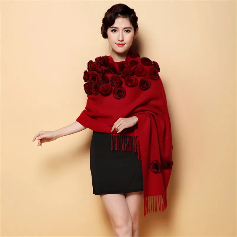 2022 Winter Wool Pashmina Scarf Muffler Woman Autumn Winter Wool Shawl With Rex Rabbit Fur Pompom Rose Capes