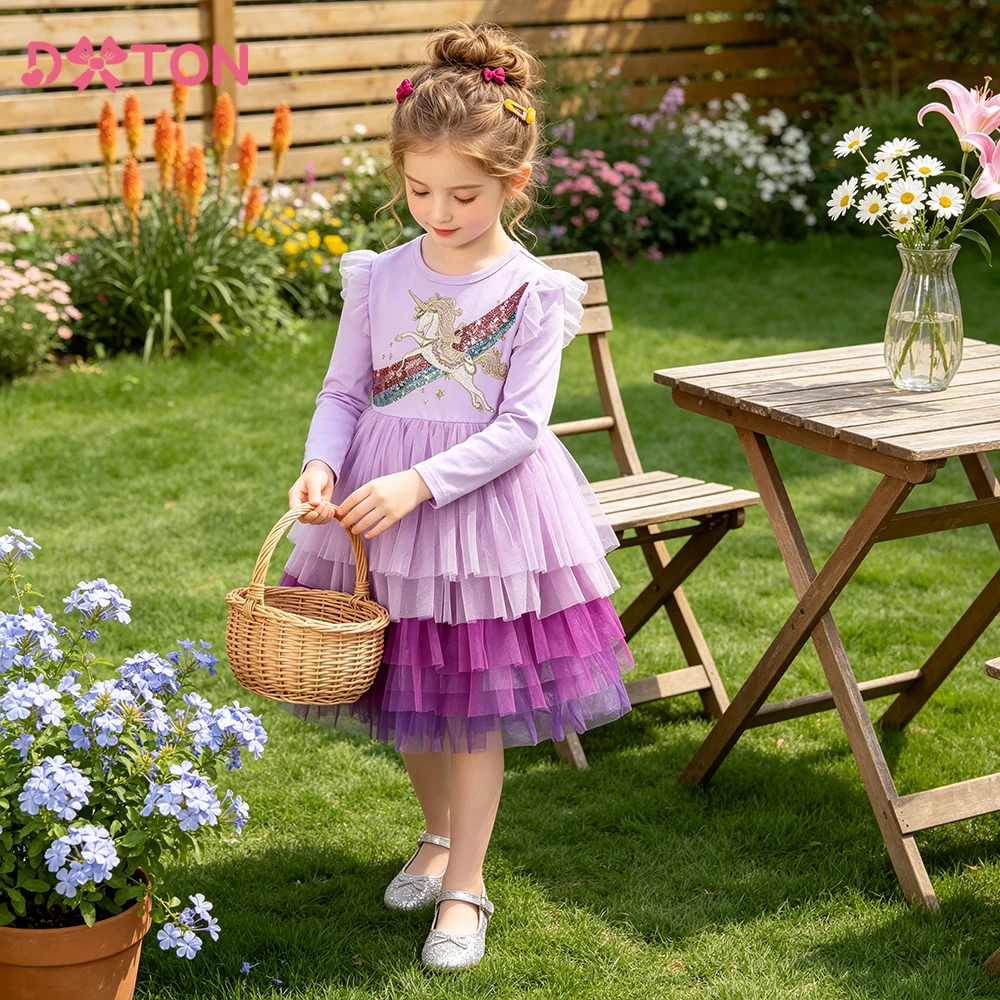 DXTON Langärmliges Baumwoll-Prinzessinnenkleid für Mädchen mit Pailletten und Cartoon-Motiv, Mehrschichtiges Geburtstagskleid für Kinder, Frühlings-Mesh-Kleid