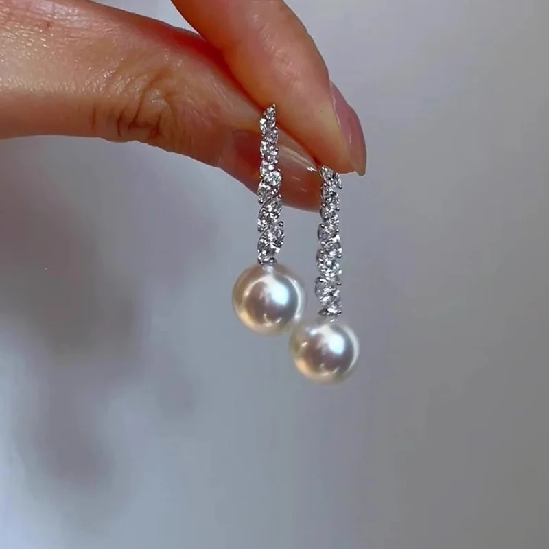 

S925 Sterling Silver Charming Pearl Pendant Zircon Tassel Stud Earrings for Women Fine Jewelry High Luxury Vintage Accessories