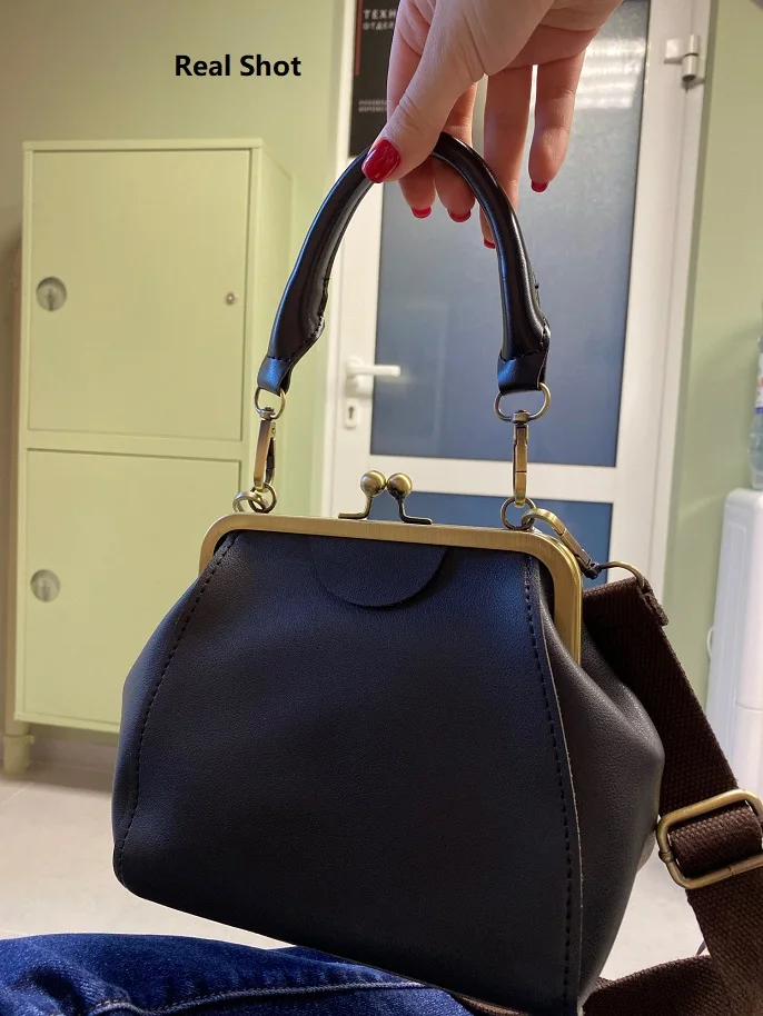 Sac à Main Femme Vintage Fermeture Kiss Lock - Simili Cuir, Bandoulière Amovible, Poignée Perles - 5