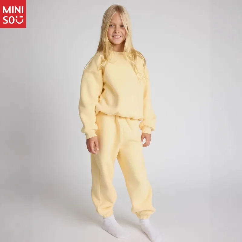 

Miniso Children's Clothing Girls Long Sleeve Two-Piece Set, Solid Color Pullover Hoodie & Pants, Big Kids Loungewear