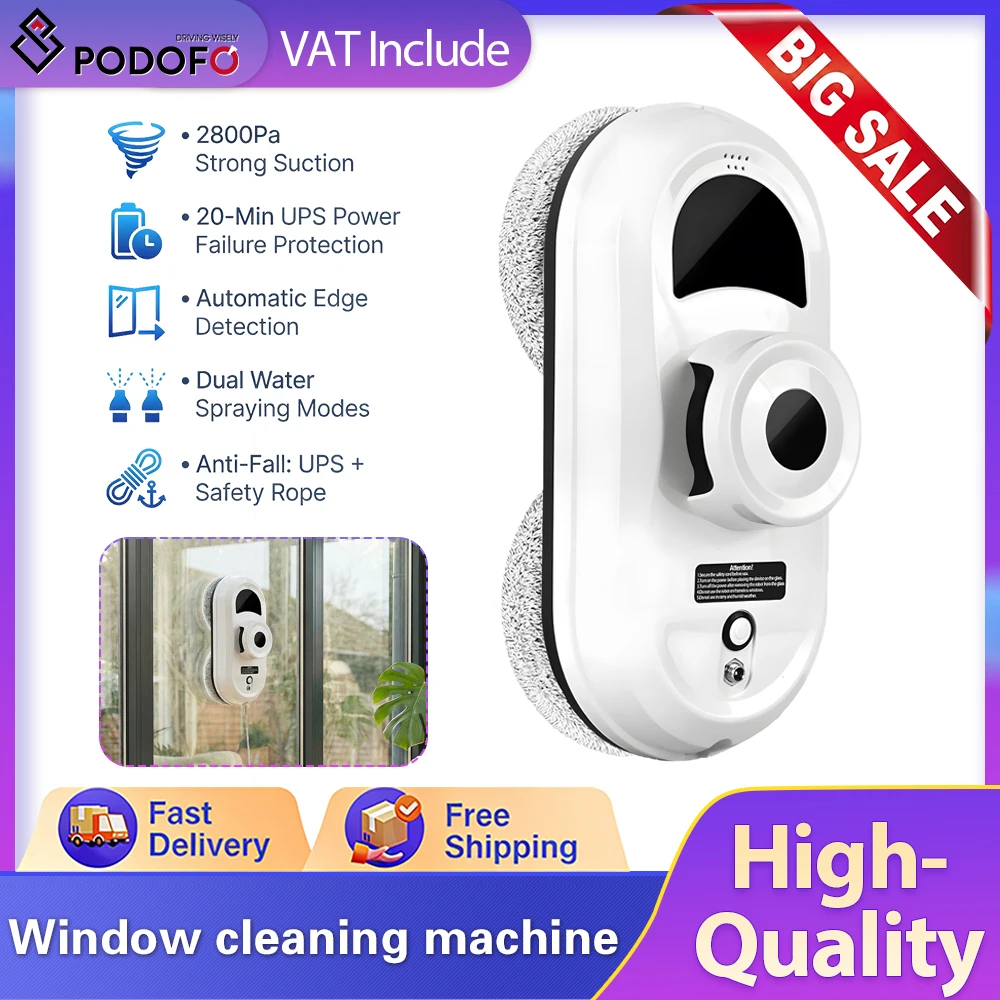 Podofo Limpiador de Ventanas Robótico 2800Pa AC100-240V, Robot de Limpieza Automático para el Hogar, Aspiradora Inteligente con Control Remoto, Anticaída, Limpiador Eléctrico de Vidrios con Pulverizador de Niebla Ultrasónica, Protección contra Apagado de Energía UPS
